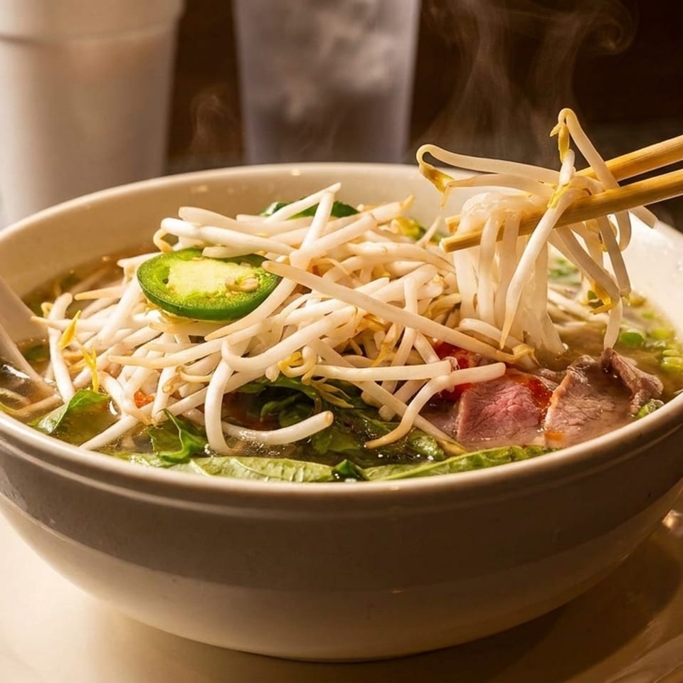 Steaming bowl of pho with bean sprouts, jalapeños, and beef, lifted by chopsticks.