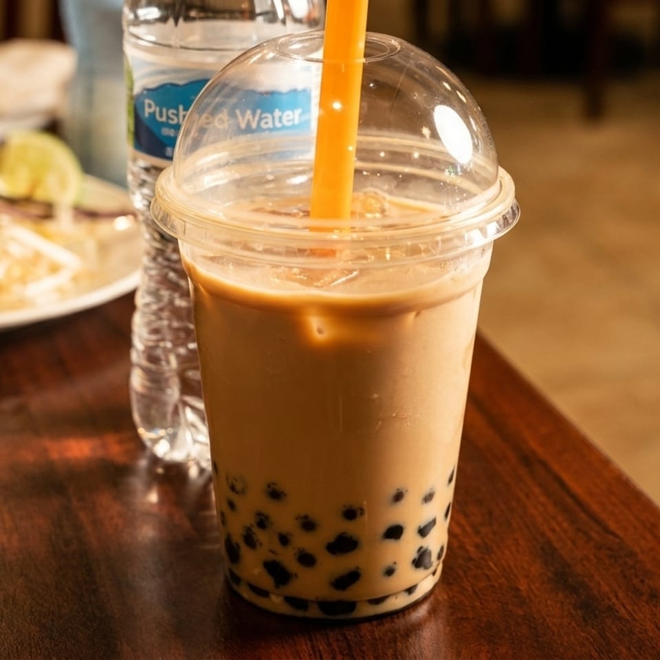 Boba tea with an orange straw, water bottle, and a plate of food on a wooden table.