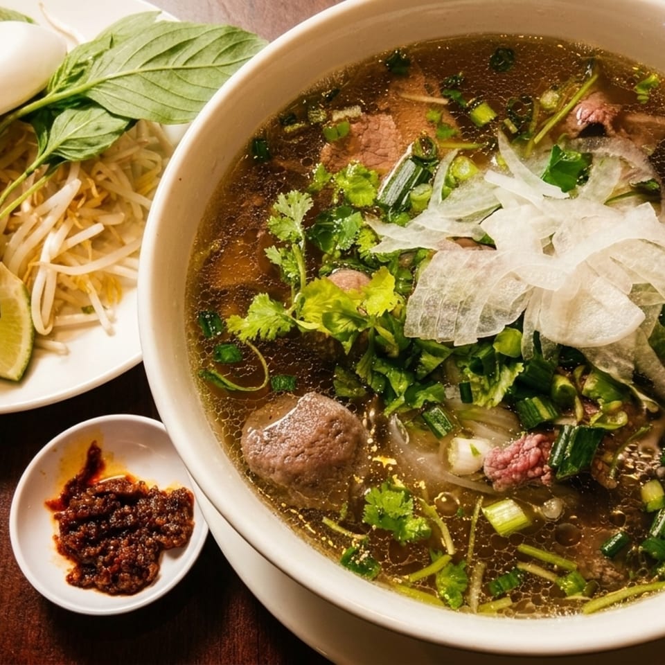 A bowl of pho with beef, noodles, broth, and fresh herbs, alongside a plate of garnishes.