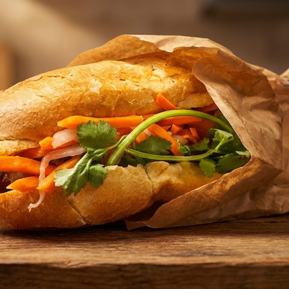 A banh mi sandwich with carrots, cilantro, and onions, partially wrapped in paper on a wooden table.