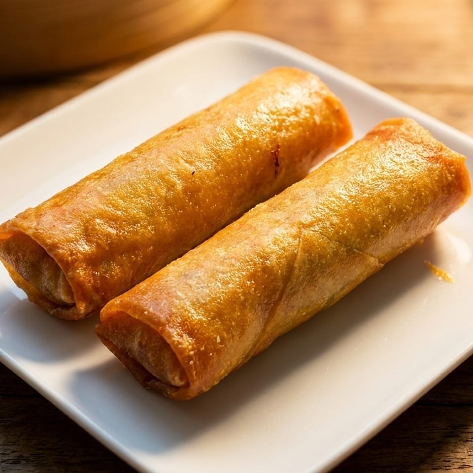 Two crispy golden-brown spring rolls are served on a white rectangular plate on a wooden table.