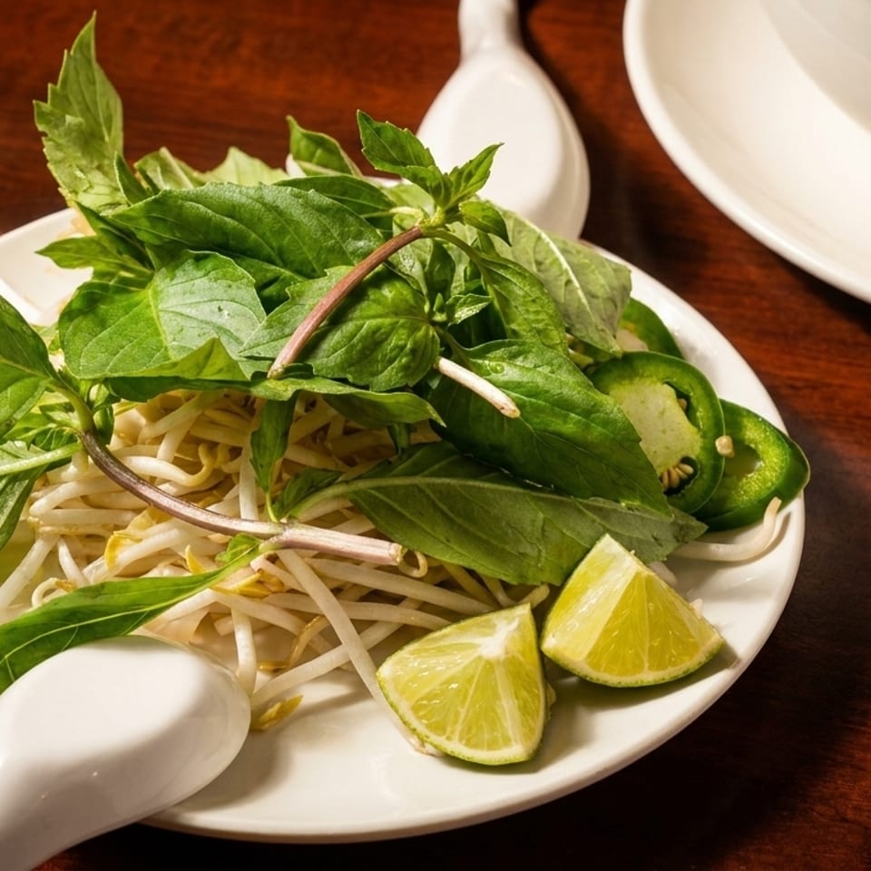 A plate of fresh basil, bean sprouts, jalapeños, and lime wedges for pho.
